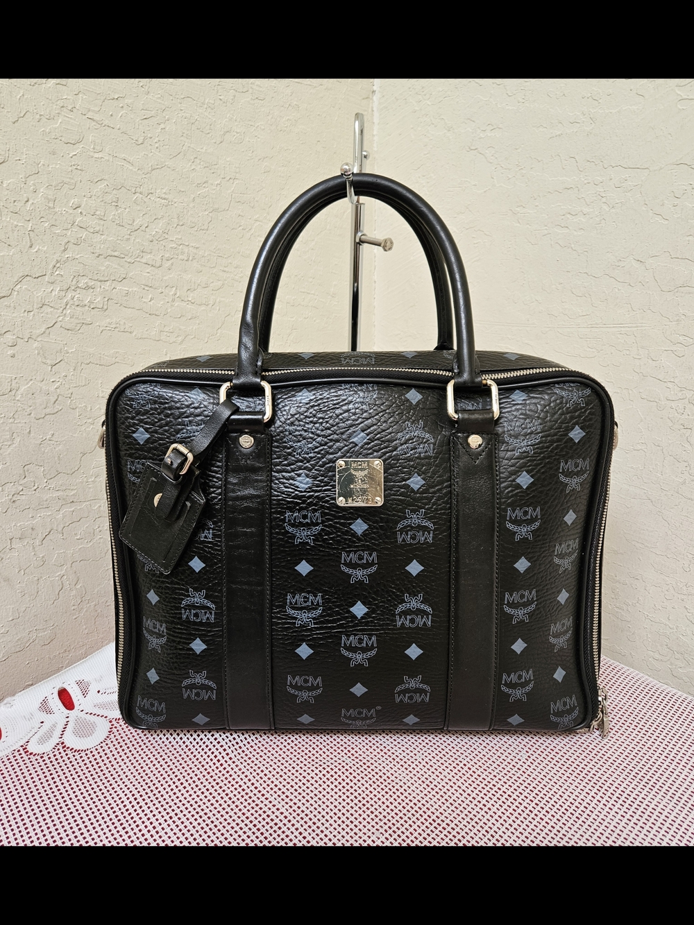 MCM Black Monogram Handbag Document Bag No Long Handle Satchel AUTHENTIC